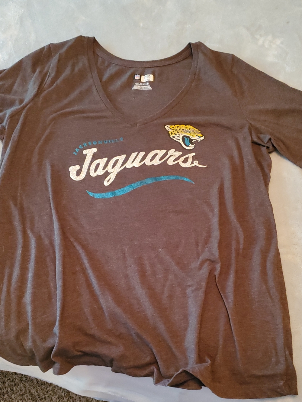NFL Jacksonville Jaguars Women’s V-Neck Tee - Gray with Teal & Gold Accents